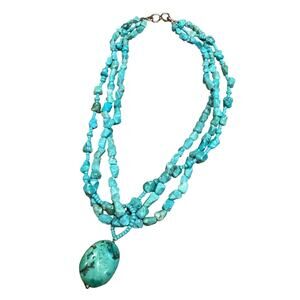 Vintage 3 Strand Turquoise And Sterling? Silver Necklace w/ Stone Pendant - READ
